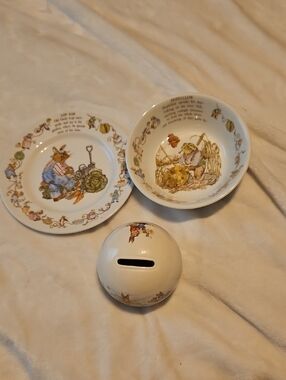 Cream Beatrix Potter Style Bunny Bank and Ceramic Dish Set